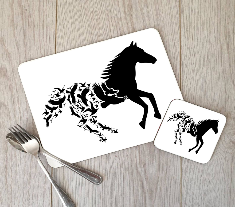 Horse & Bird Hardboard Placemat and Coaster Set - Click Image to Close